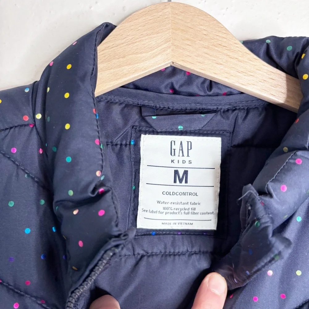 Gap Kids Cold Control Metallic Rainbow Dot Navy Puffer Vest size M EUC